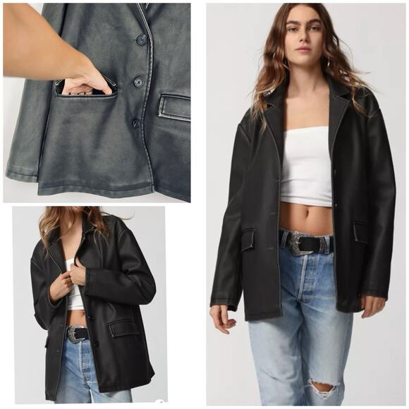 NWT Urban Outfitters Rue Faux Leather Charcoal black Overcoat Sz SP - Picture 7 of 12